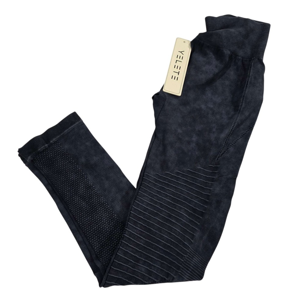 NWT YELETE Seamless Moto Workout Leggings M/L Dark Wash Textured‎ Gym Activewear